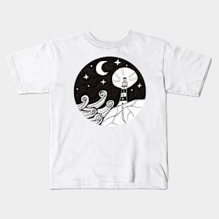 Whimsical Lighthouse Night Time Ink Illustration Kids T-Shirt